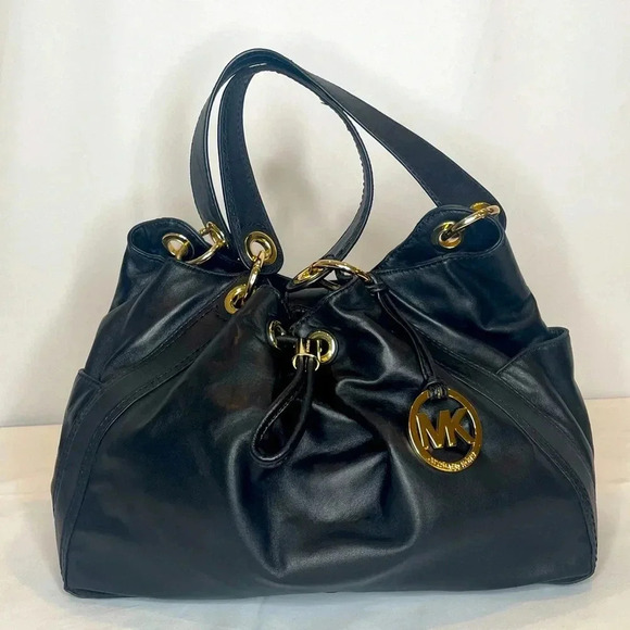Michael Kors Black Leather Hobo Drawstring Shoulder Bag - Picture 1 of 5